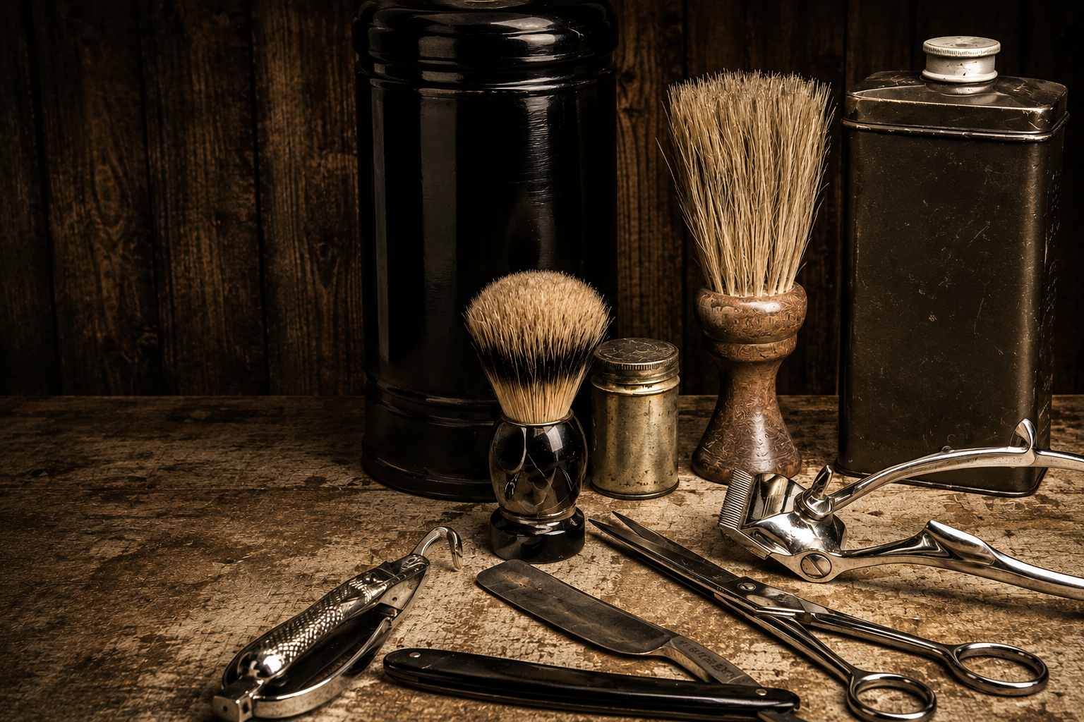 Vintage barber tools — razor, scissors, clippers, and shaving brushes at Beard Boss Barbershop
