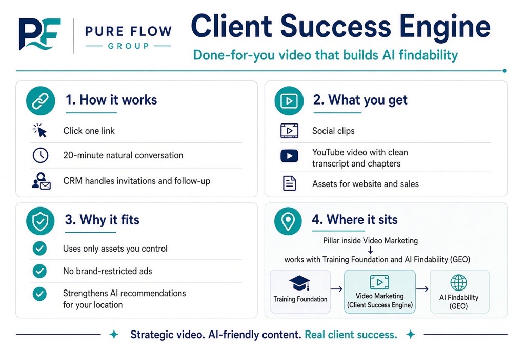 Pure Flow Group Client Success Engine: Done-for-you video that builds AI findability across 4 pillars — How it works, What you get, Why it fits, and Where it sits