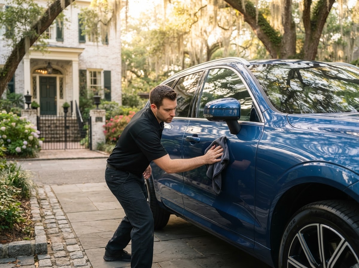 A clean SUV being professionally detailed in the driveway of a Savannah home beneath live oaks with Spanish moss
