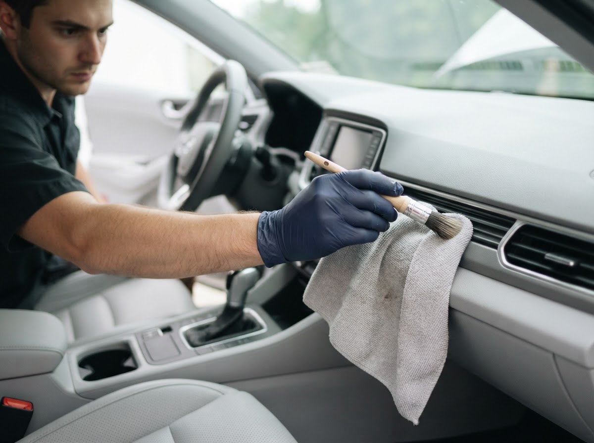 Spotless detailer carefully cleaning a car interior dashboard and center console by hand