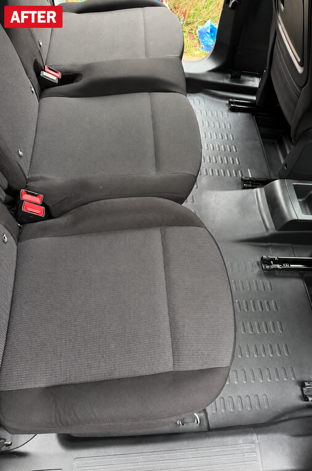 Fully decluttered, vacuumed, and deep-cleaned rear seating area