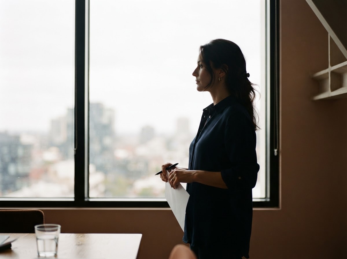 Profilo di un professionista riflesso contro una finestra, momento contemplativo non posato