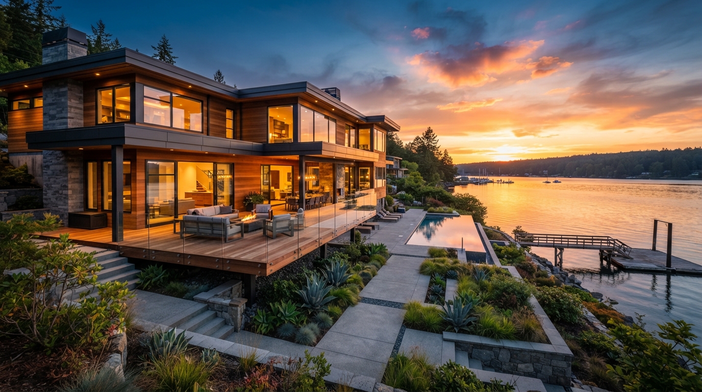 Completed modern home with deck and outdoor living space at sunset