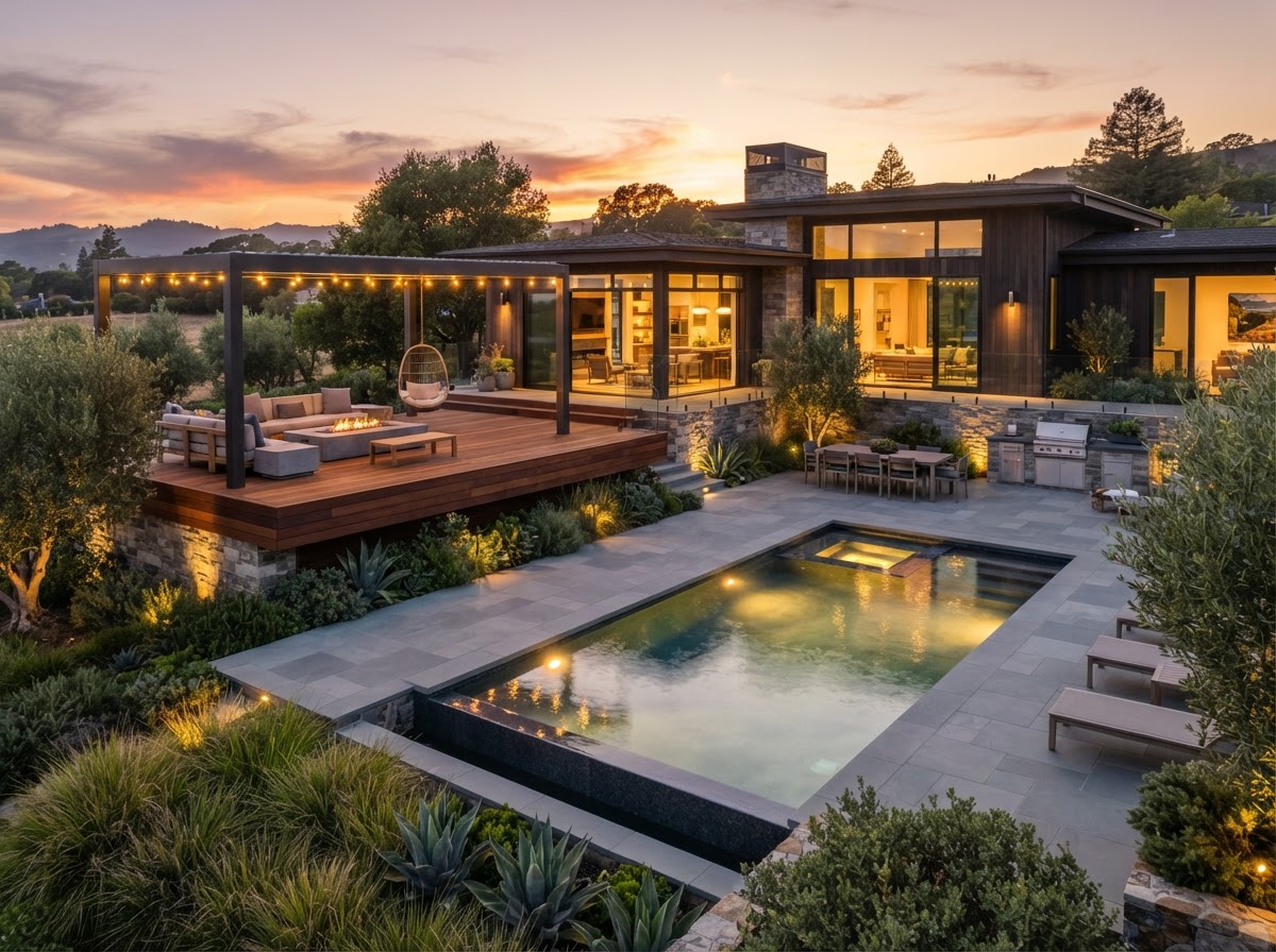 Outdoor living space with deck and patio at sunset