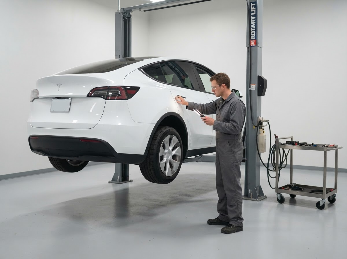 Tesla Body Shop at AutoShield Collision Center — technician inside the Santa Clara repair facility