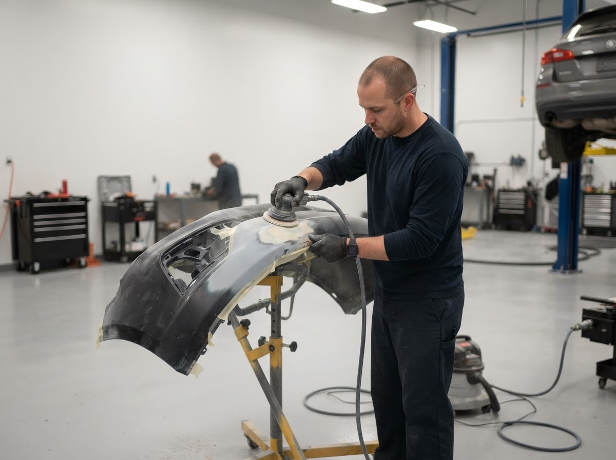 Bumper Repair at AutoShield Collision Center — technician inside the Santa Clara repair facility