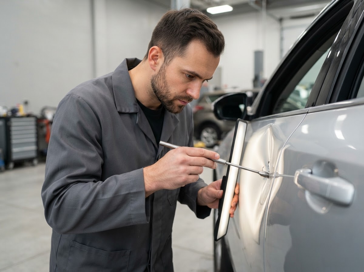 Dent Repair at AutoShield Collision Center — technician inside the Santa Clara repair facility