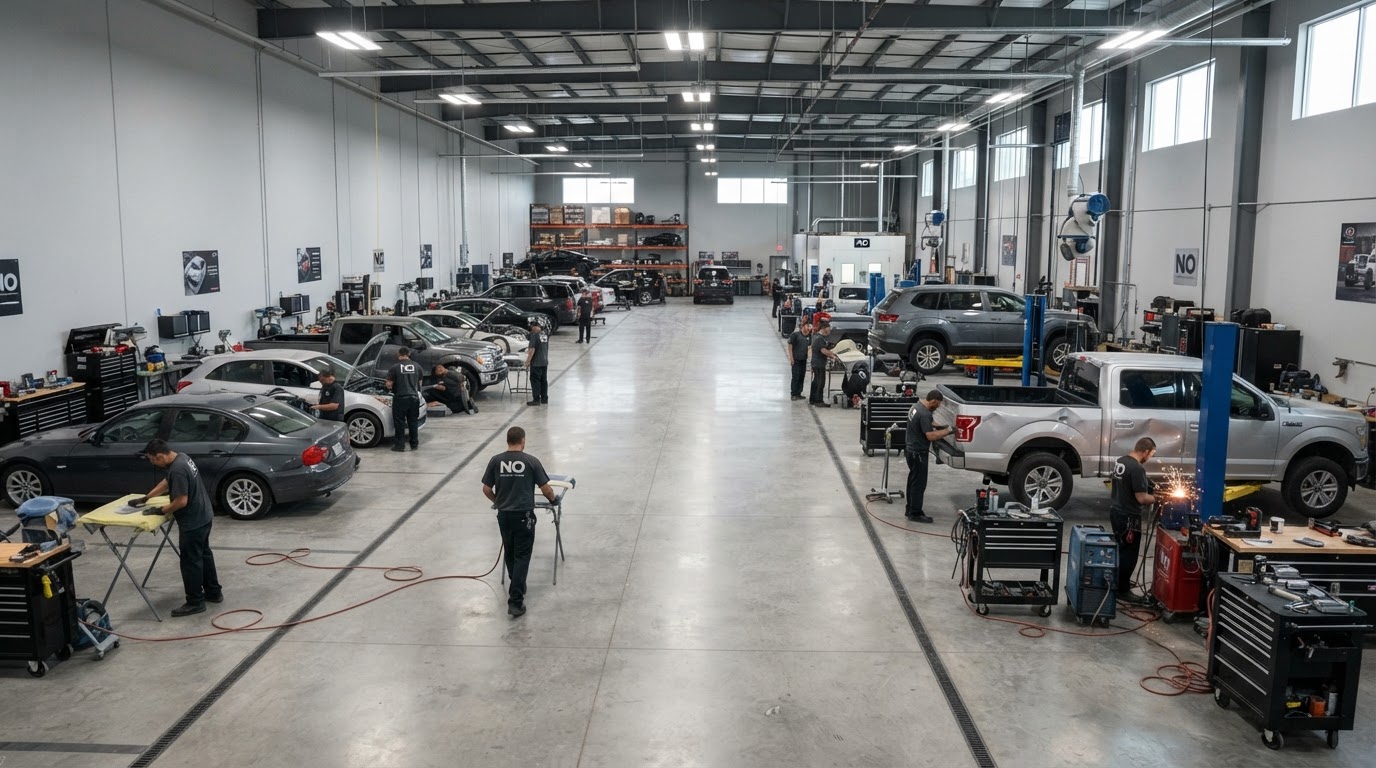 Collision Repair at AutoShield Collision Center — technician inside the Santa Clara repair facility