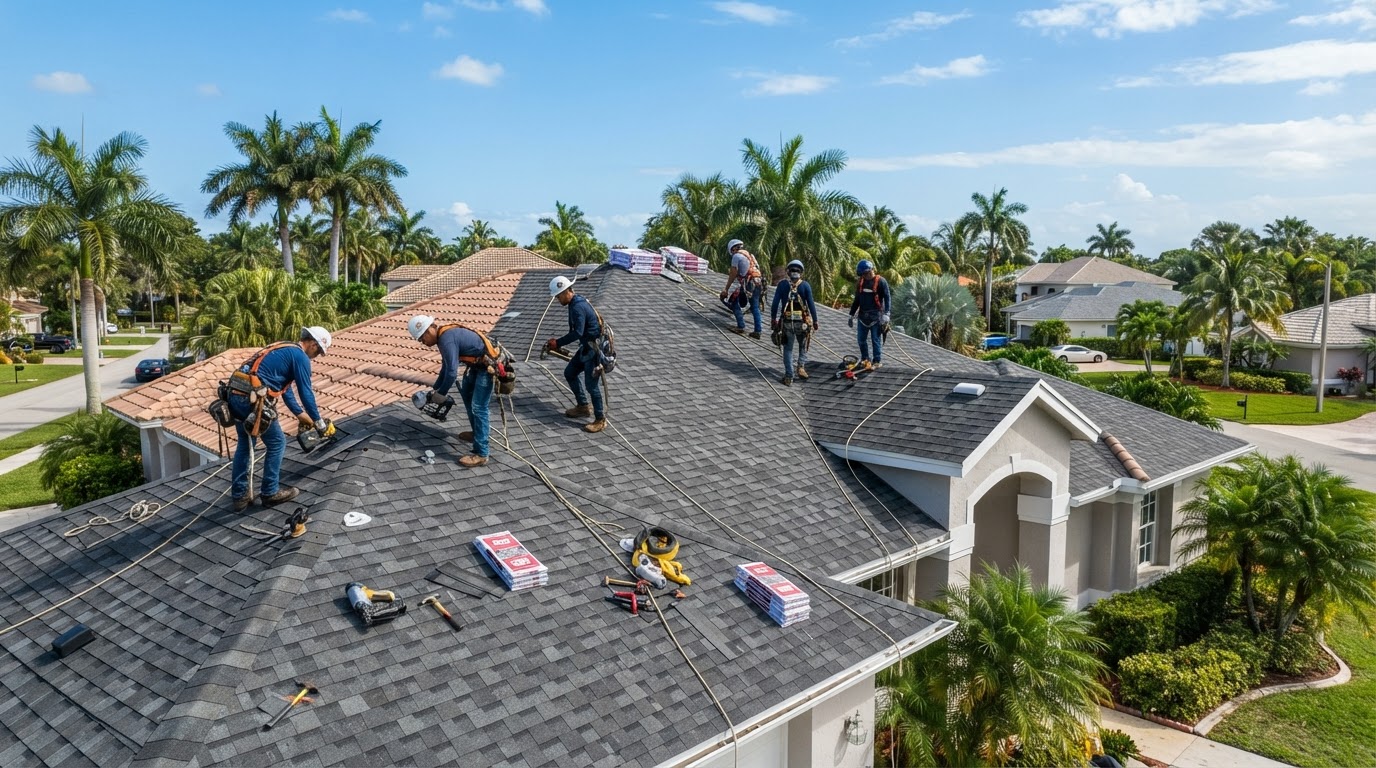 Roofing crew installing new shingles on a residential roof in South Florida under a clear sky