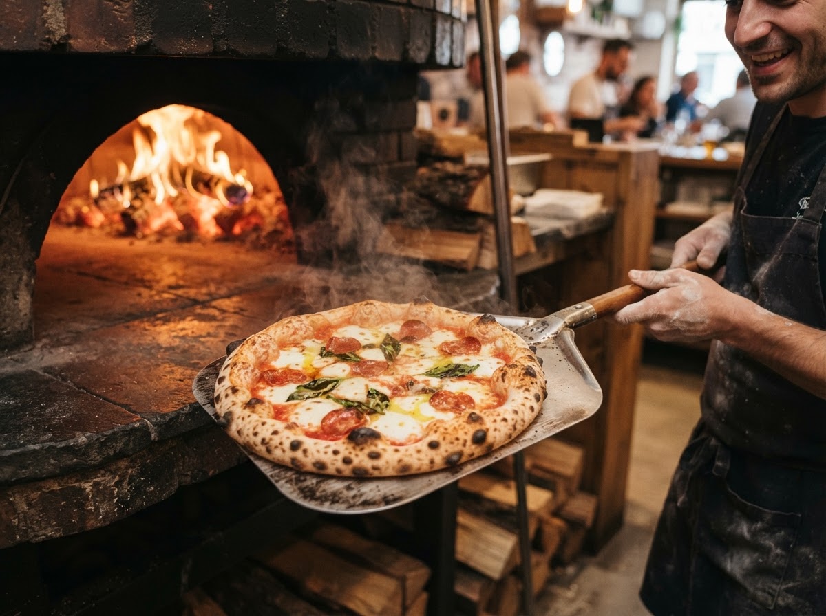 Artisan pizzas being pulled from a wood-fired oven with golden charred crusts