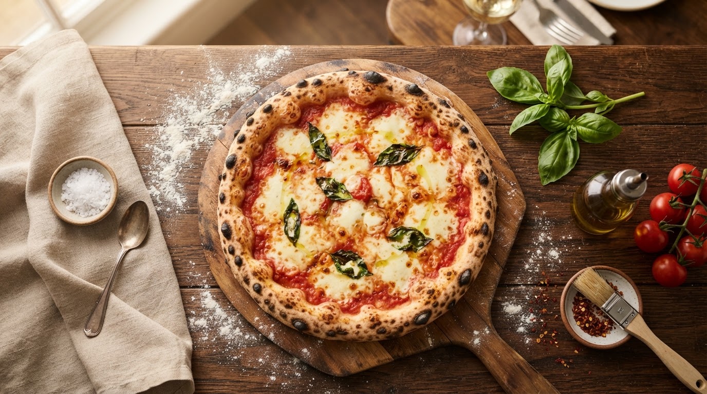 Freshly baked artisan Neapolitan pizza with melted mozzarella and fresh basil on a rustic wooden table