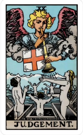 Judgement tarot card (Rider-Waite-Smith) showing the archangel Gabriel blowing a trumpet adorned with a red-cross banner from the clouds, while resurrected figures rise with open arms from stone tombs in the sea before icy mountains
