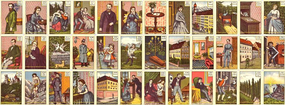 Complete set of 36 traditional Kipper fortune telling cards displayed in sequential order