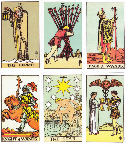 Six cards from the Rider-Waite-Smith Tarot by Pamela Colman Smith and A.E. Waite including The Hermit, Ten of Wands, Page of Wands, Knight of Wands, The Star, and Two of Cups