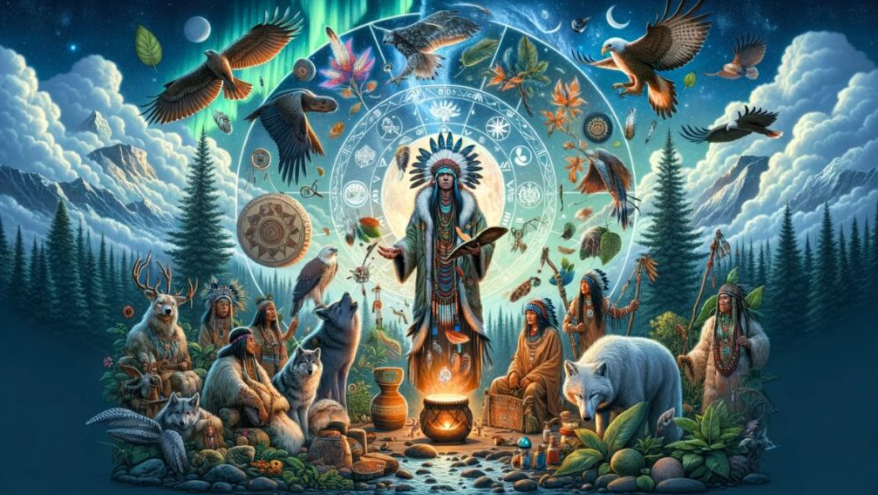 Shamanic gathering illustrating human figures, animal spirit guides including eagles, wolves, and bears around a sacred medicine wheel and fire