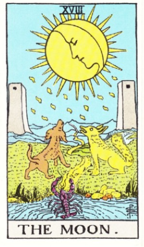 The Moon tarot card (Rider-Waite-Smith) depicting a full moon with a face shedding golden drops over a dog and wolf howling between two towers, with a crayfish emerging from the pool