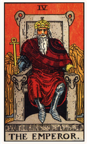 The Emperor tarot card (Rider-Waite-Smith) depicted as a bearded monarch in red robes and armour seated on a stone throne carved with ram heads, holding an ankh sceptre and golden orb before barren red mountains