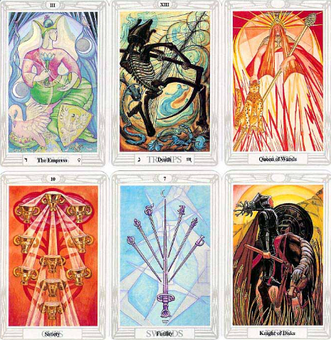 Six cards from the Thoth Tarot by Aleister Crowley and Lady Frieda Harris including The Empress, Death, Queen of Wands, Satiety, Futility, and Knight of Disks