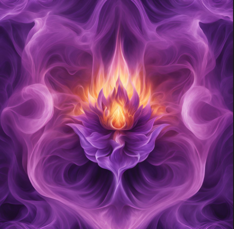 Luminous sacred lotus blossom burning with vibrant violet and golden flames