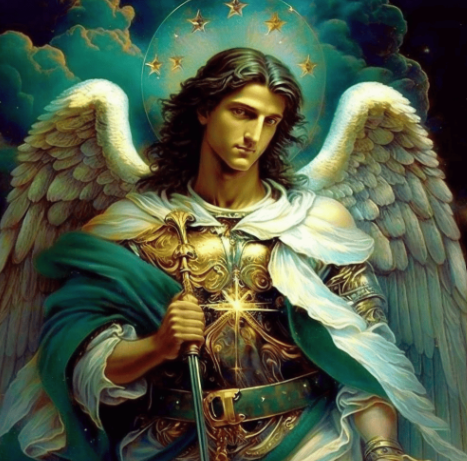 Archangel Raphael with vast white wings crowned by a halo of stars, wearing ornate golden breastplate and emerald green drapery, holding a staff of illumination
