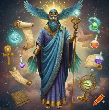 Hermes Trismegistus depicted as the Thrice-Great sage holding a caduceus staff surrounded by alchemical scrolls, ankh, and celestial instruments