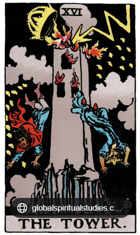 The Tower tarot card (Rider-Waite-Smith) showing a high stone tower struck by a bolt of lightning with its golden crown blasted off, flames bursting from the windows and two figures falling against a black sky