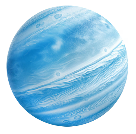 Luminous celestial illustration of the planet Uranus with swirling blue and white atmospheric bands