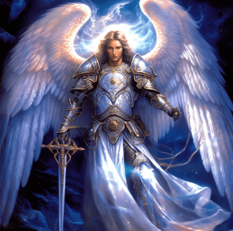 Archangel Azrael in radiant silver armour holding a sword of light, framed by expansive white wings against a deep celestial night sky