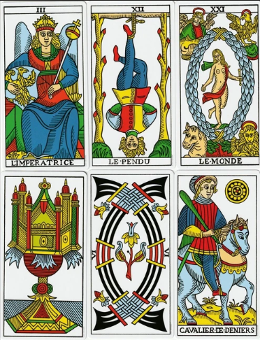 Six cards from the Tarot de Marseille tradition including L'Impératrice, Le Pendu, Le Monde, Ace of Cups, Two of Swords, and Cavalier de Deniers