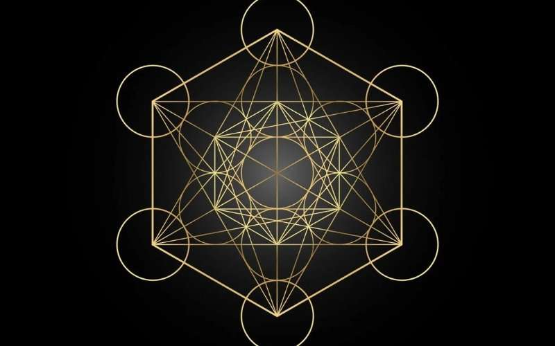 Metatron's Cube sacred geometry in intricate gold lines containing all five Platonic solids on a dark background