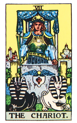 The Chariot tarot card (Rider-Waite-Smith) showing an armoured prince under a starry canopy crowned with a star, standing within a chariot drawn by one black and one white sphinx before a walled city