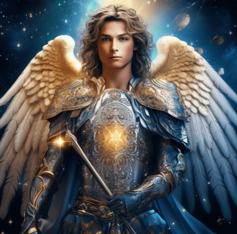 Archangel Uriel in finely etched steel and gold armour against a starry cosmic background, large feathered wings, bearing a glowing solar star upon his chest and holding a staff of light