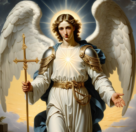 Archangel Gabriel depicted with luminous white wings, halo, flowing white robes with gold pauldrons, holding a slender golden cross staff with an open, welcoming gesture
