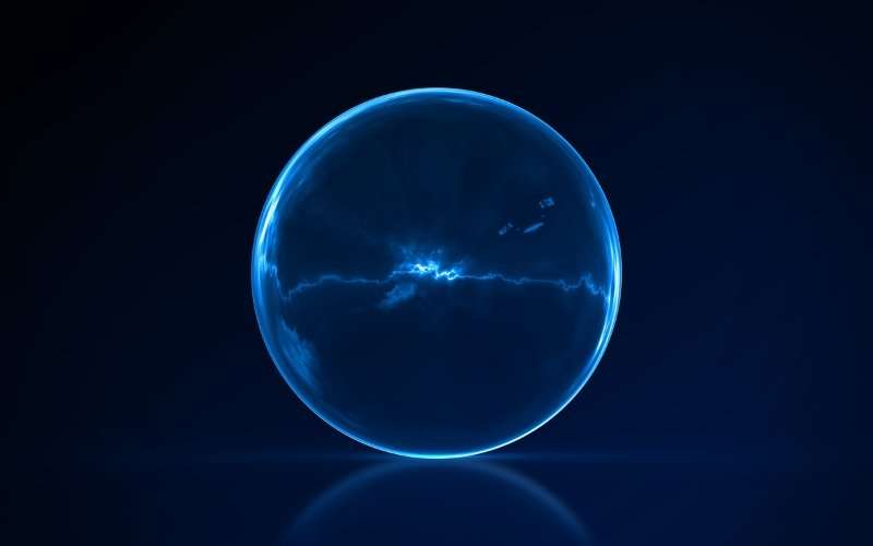 Luminous blue sphere radiating internal electric energy on a dark background
