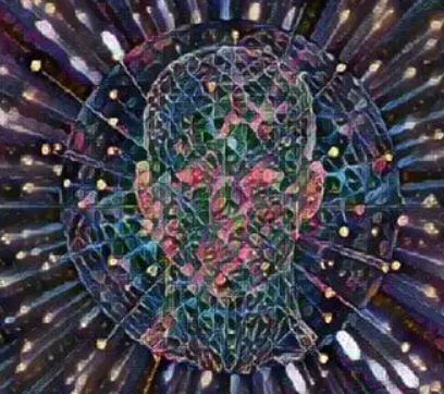 Cosmic crystalline human head radiating multidimensional light and intuitive frequencies