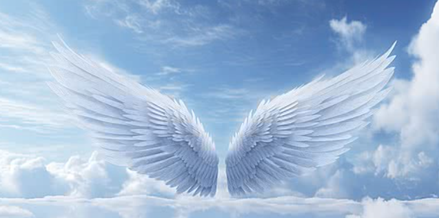 Luminous white angelic wings outstretched against a radiant blue sky with soft white clouds