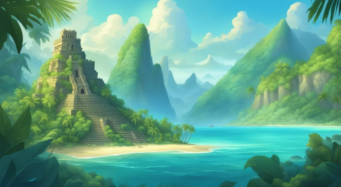 Lush tropical coastal landscape of mythic Lemuria with an ancient stepped temple pyramid nestled among green mountains and azure waters
