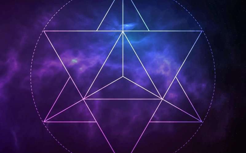 Merkaba star tetrahedron sacred geometry wireframe glowing over a deep cosmic purple and blue nebula background
