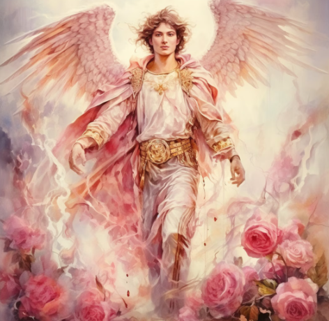 Archangel Chamuel walking forward with outstretched pink-tinged wings, bathed in rose-pink and golden light amidst blooming pink roses