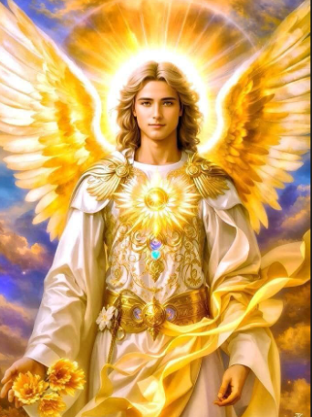 Archangel Jophiel radiating golden light with luminous feathered wings, an ornate sunburst breastplate, and holding golden blossoms against a sunlit sky