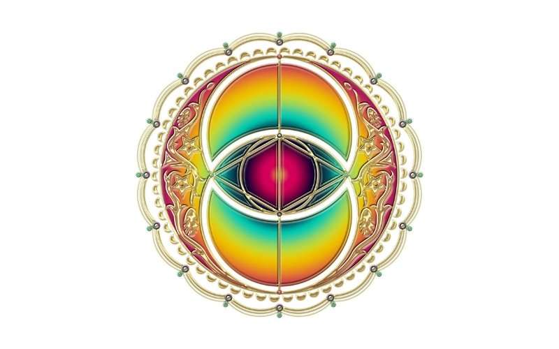 Vesica Piscis sacred geometry emblem with iridescent rainbow mandorla, central eye, and ornamental golden border