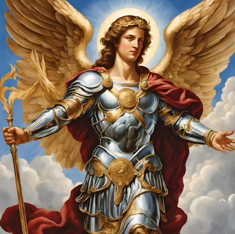 Archangel Michael depicted as a radiant warrior in ornate golden and silver armour with large golden wings, a halo, a scarlet cloak, and a blazing golden spear of light