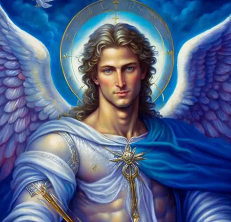 Archangel Haniel with expansive white wings, a radiant celestial halo, draped in a deep blue mantle with a luminous golden star emblem