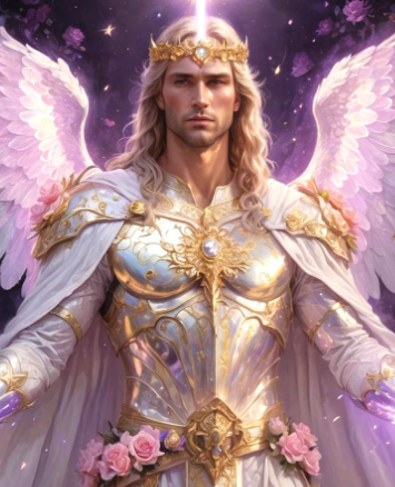 Archangel Zadkiel in iridescent silver and gold armour with a golden crown, pink roses, and majestic wings amidst soft violet and lilac radiance