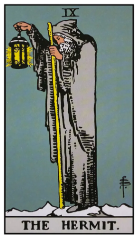 The Hermit tarot card (Rider-Waite-Smith) showing a cloaked elder standing on a snowy mountain peak holding a golden lantern with a six-pointed star and a tall golden staff