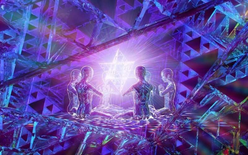 Meditating luminous figures seated in a circle within an intricate crystalline sacred geometry chamber with a glowing star tetrahedron merkaba