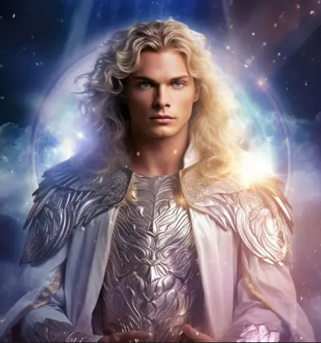 Archangel Jeremiel in sculpted silver armour and white robes with flowing blonde hair, surrounded by a luminous cosmic sphere of stars