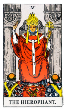 The Hierophant tarot card (Rider-Waite-Smith) showing a papal figure crowned in a triple tiara and red vestments raising his right hand in blessing and holding a triple cross sceptre, with two crossed keys and two priests kneeling before him