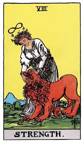 Strength tarot card (Rider-Waite-Smith) depicting a white-robed woman crowned with flowers and an infinity symbol gently closing the jaws of a red lion against a golden background