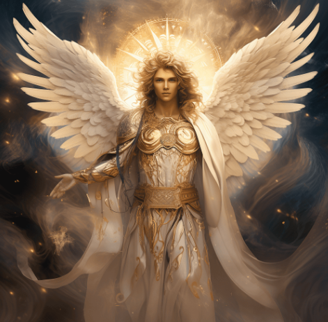 Archangel Sandalphon with broad white wings, golden sunburst halo, and flowing white and gold vestments with an open, welcoming gesture